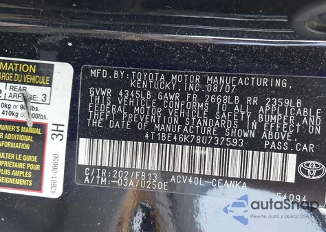 2008 Toyota Camry Le from USA, damaged, VIN 4T1BE46K78U737593